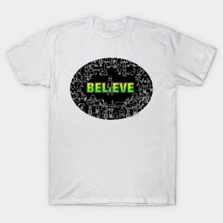 Cryptid Collage "Believe" black and multi on white T-Shirt